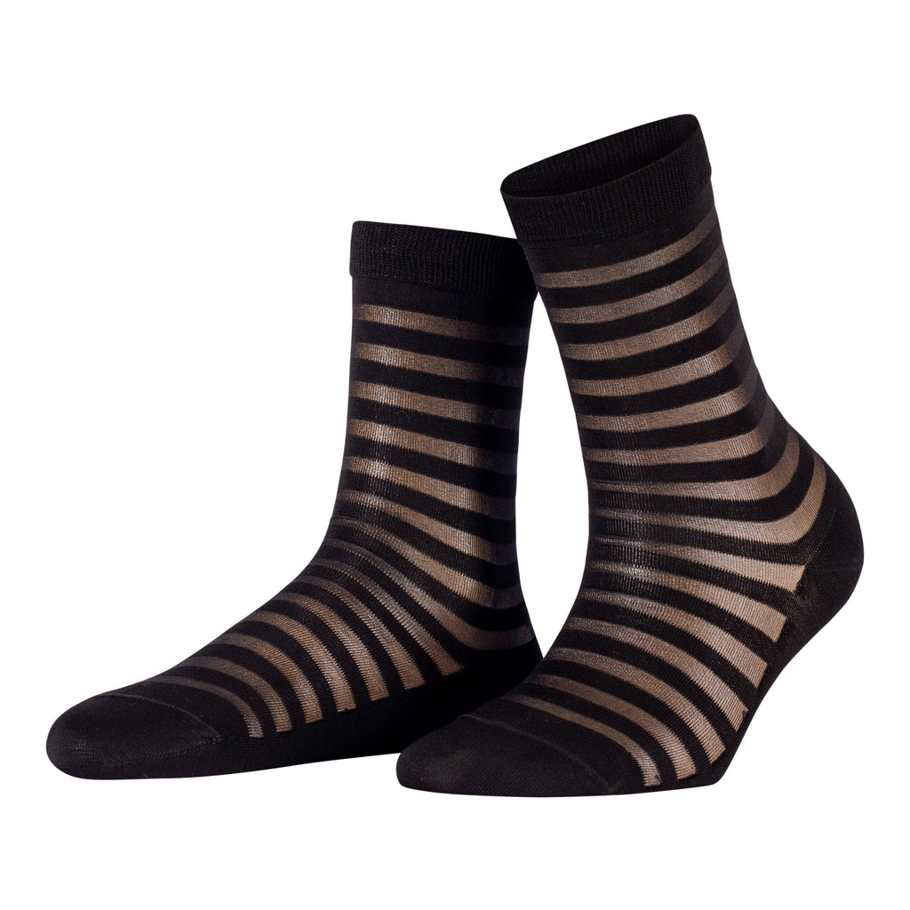 Black with Ash Vertical Stripe Fine Cotton Sock Linked Toe Mid-Calf